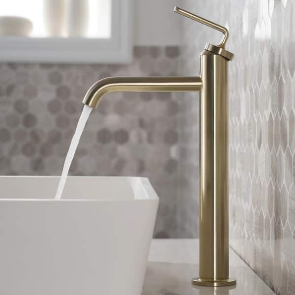 Ramus Single Hole Single-Handle Vessel Bathroom Faucet with Matching Pop-Up Drain in Brushed Gold