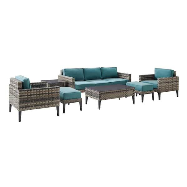 CROSLEY FURNITURE Prescott Brown 7-Piece Wicker Patio Conversation Set with Marine Blue Cushions