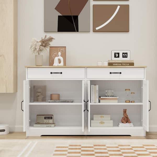 FUNKOL 55.91inx15.75inx32.09in MDF Ready to Assemble Kitchen Cabinet in White with 2 Drawers and 4 Cabinet Doors with Fields