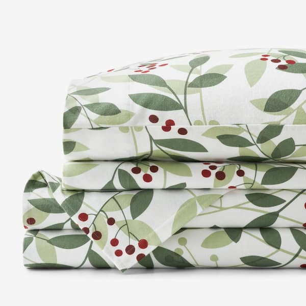 The Company Store Company Cotton Classic Holiday Print Red/Green Berries and Leaves Velvet Flannel Queen Sheet Set
