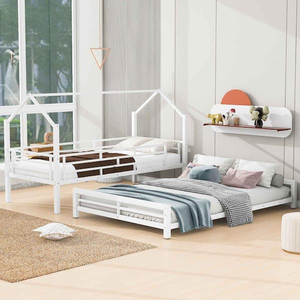 Polibi White Metal House Bunk Bed, Twin over Full