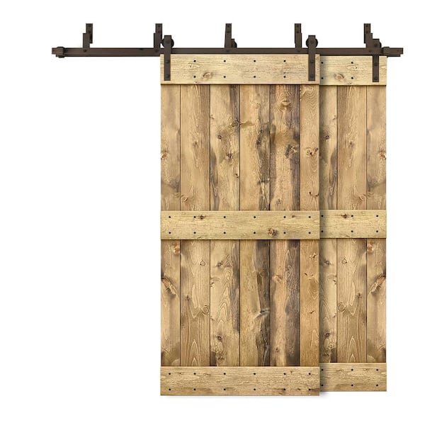 CALHOME 64 in. x 84 in. Mid-Bar Bypass Weather Oak Stained DIY Solid Wood Interior Double Sliding Barn Door with Hardware Kit
