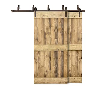 96 in. x 84 in. Mid-Bar Bypass Weather Oak Stained DIY Solid Wood Interior Double Sliding Barn Door with Hardware Kit