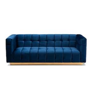 Loreto 83.5 in. Blue/Gold Fabric 3-Seater Tuxedo Sofa with Square Arms