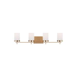 Zire 34 in. 4-Light Satin Brass Dimmable Bath Vanity Light with Etched White Glass Shades
