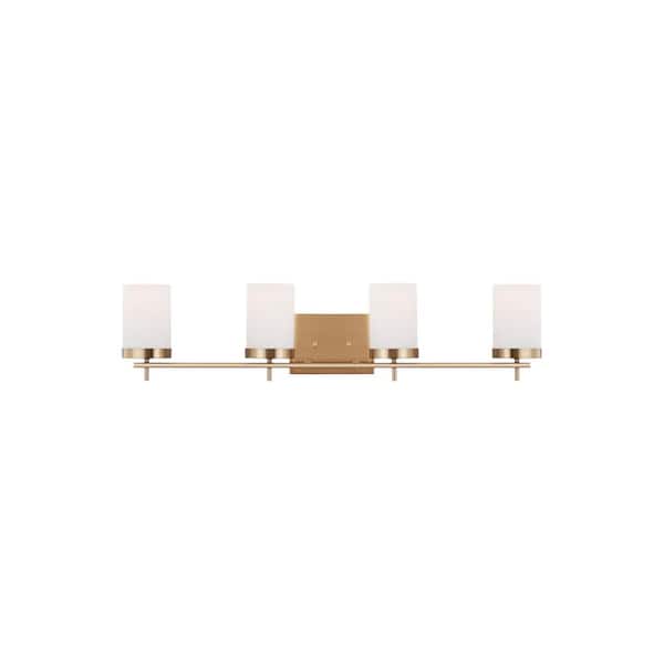 Generation Lighting Zire 34 in. 4-Light Satin Brass Dimmable Bath Vanity Light with Etched White Glass Shades