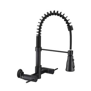 Dual Lever Handle Wall-Mounted Pull-Down Sprayer Kitchen Faucet 3 Functions Bridge Kitchen Faucet in Matte Black