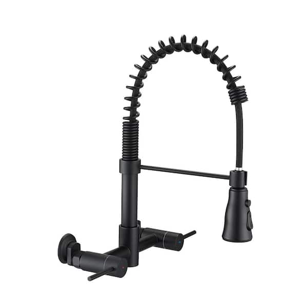 CASAINC Dual Lever Handle Wall-Mounted Pull-Down Sprayer Kitchen Faucet 3 Functions Bridge Kitchen Faucet in Matte Black