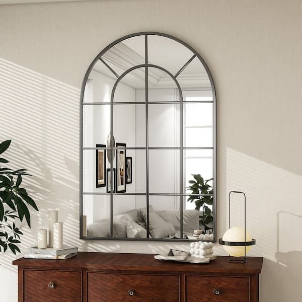 Black 24 in. W x 36 in. H Arched Windowpane Classic Accent Mirror Wall Mirror
