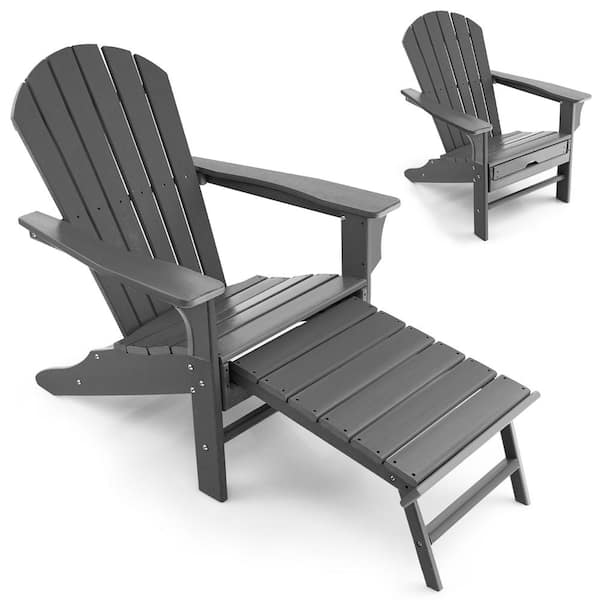 Costway Outdoor Plastic Adirondack Chair Beach Seat Retractable Ottoman Grey
