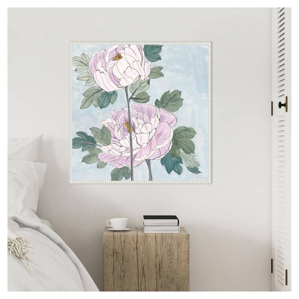 Striped Peonies IV White Floater Frame Canvas Wall Art