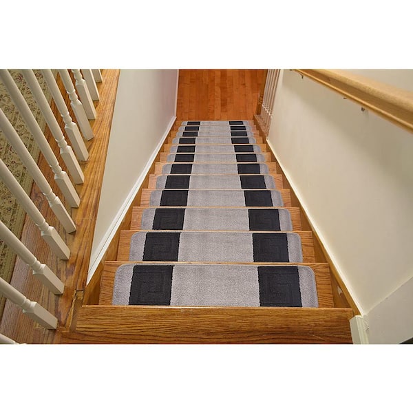 RugStylesOnline Greek Key Collection Gray Color ​8½ inch x 30 inch Indoor Carpet Stair Treads Slip Resistant Backing Set of 15