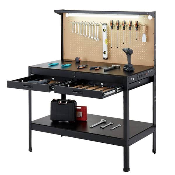 23.5 in. W x 47.2 in. D Heavy Duty Workbench with Pegboard Outlets, Workbench Table with Steel Top