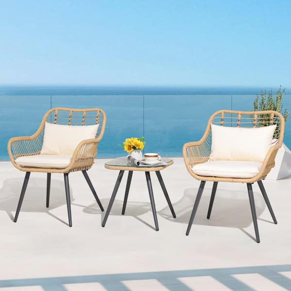 3-Piece Beige Wicker Outdoor Conversation Set with Square Side Table, Beige Cushions