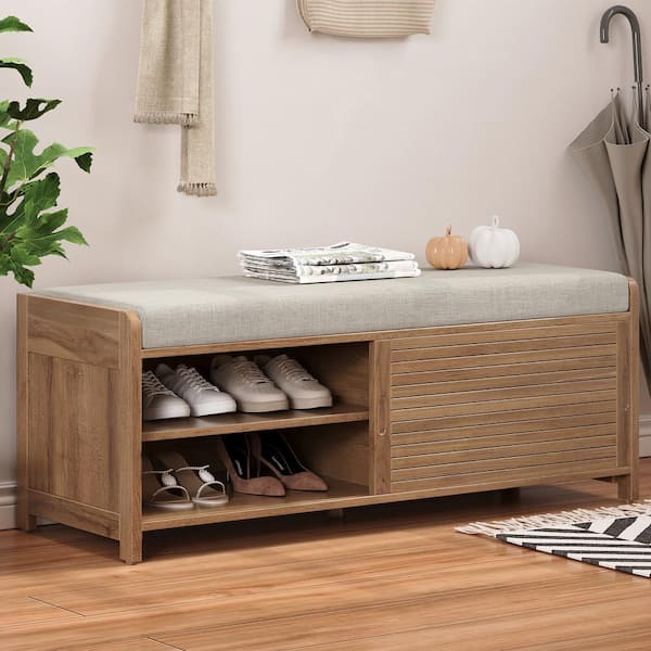 Nestfair White Washed 16.5 in. H Distressed Shutter Storage Bench with Cushion