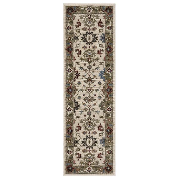 Hunter Ivory/Green 2 ft. x 8 ft. Bordered Oriental Polyester Fringe-Edge Indoor Runner Area Rug