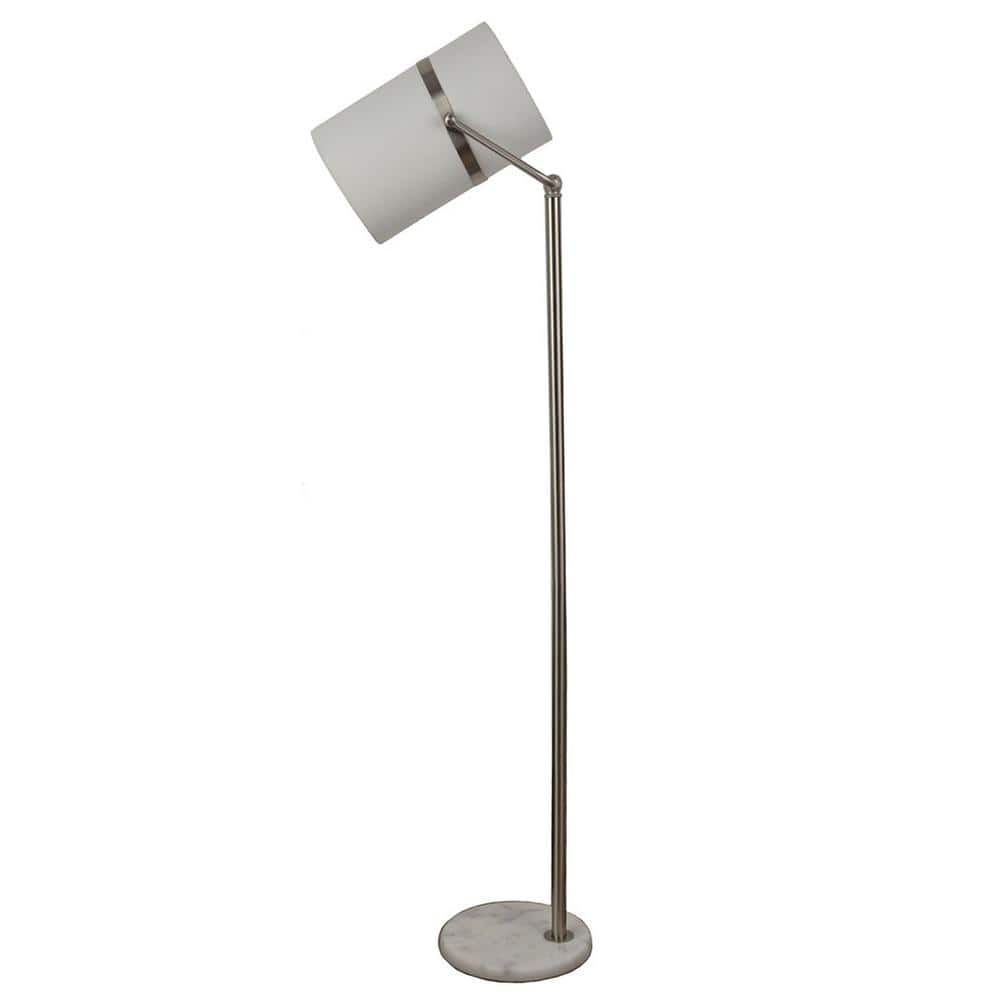 60 in. Brushed Steel and White Marble Floor Lamp with White Linen Shade