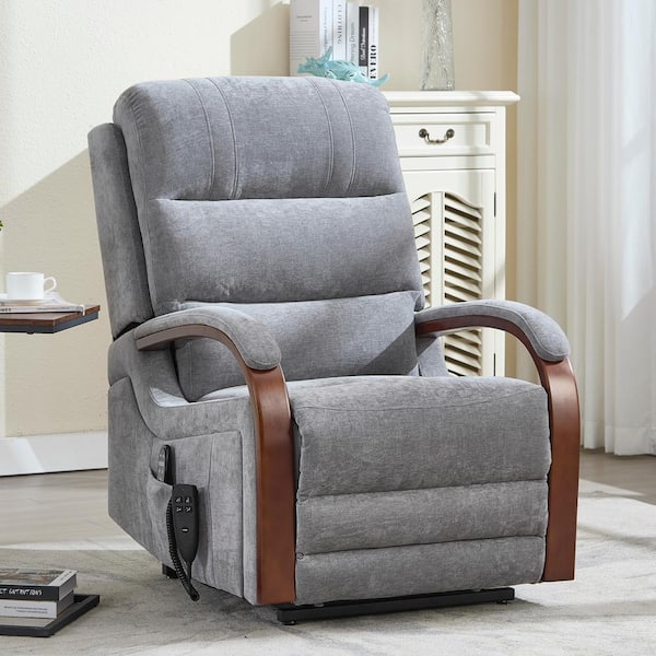 Grey Ergonomic Dual Motor Chenille Power Lift Recliner with Solid Wood Armrests, Massage and Heat