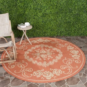 Courtyard Terracotta/Natural 7 ft. x 7 ft. Round Floral Indoor/Outdoor Patio  Area Rug