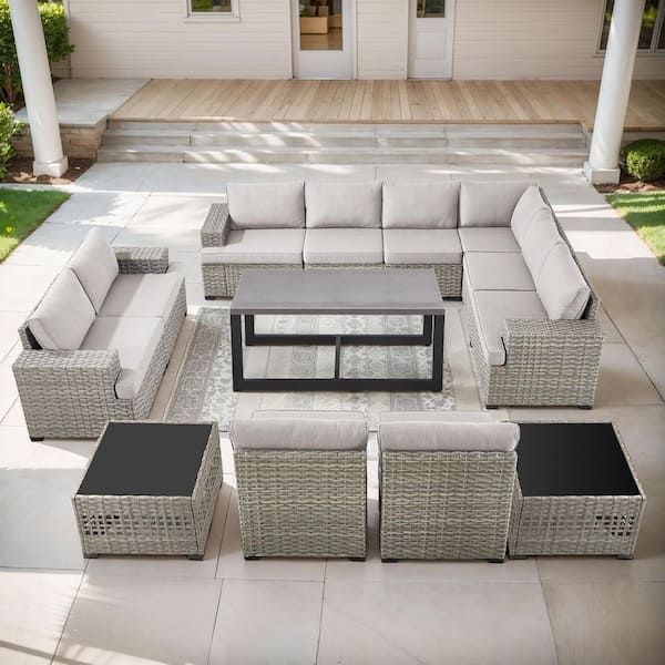 Opohoro ModNest Taupe 13-Piece Wicker Patio Conversation Set, Modular Sofa Set with Beige Cushions and Coffee Table
