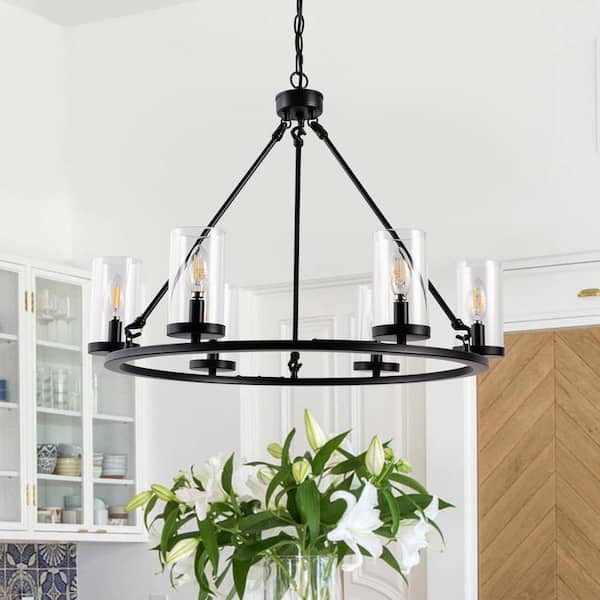Briignite 6-Light Matte Black Industrial Wagon Wheel Chandelier