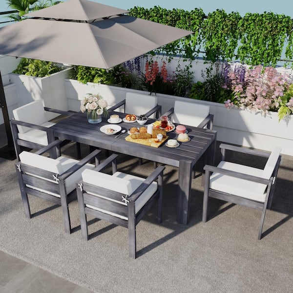 Gray 7-Piece Acacia Wood Outdoor Dining Set with Removable Beige Cushions, 6 Armchairs