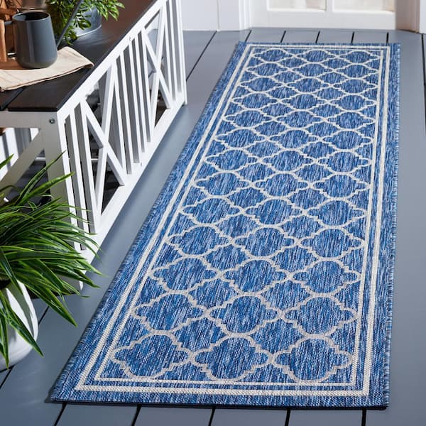 Courtyard Navy/Gray 2 ft. x 8 ft. Border Quatrefoil Indoor/Outdoor Runner Rug