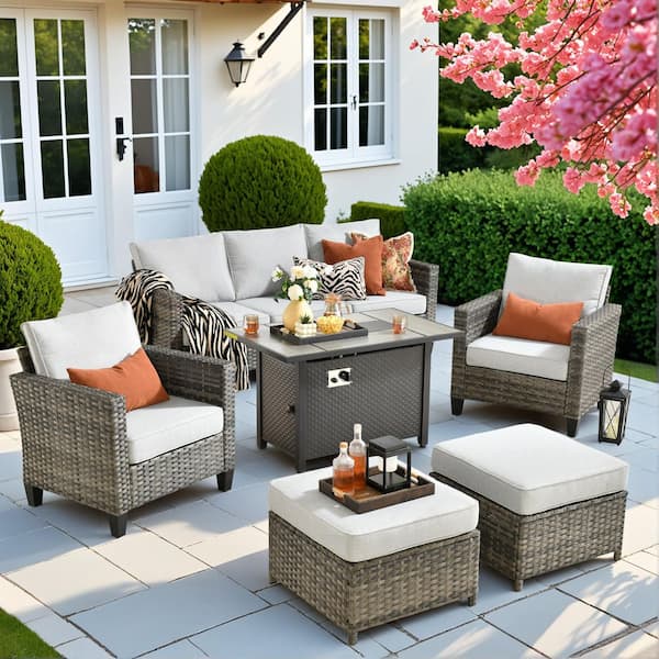Toject Daphne 6-Piece Wicker Outdoor Patio Conversation Sofa Seating Chair Set with Metal Fire Pit and Light Gray Cushions