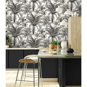 Palm Grove Black and White Vinyl Peel and Stick Wallpaper Roll (Cover 30.75 sq. ft.)