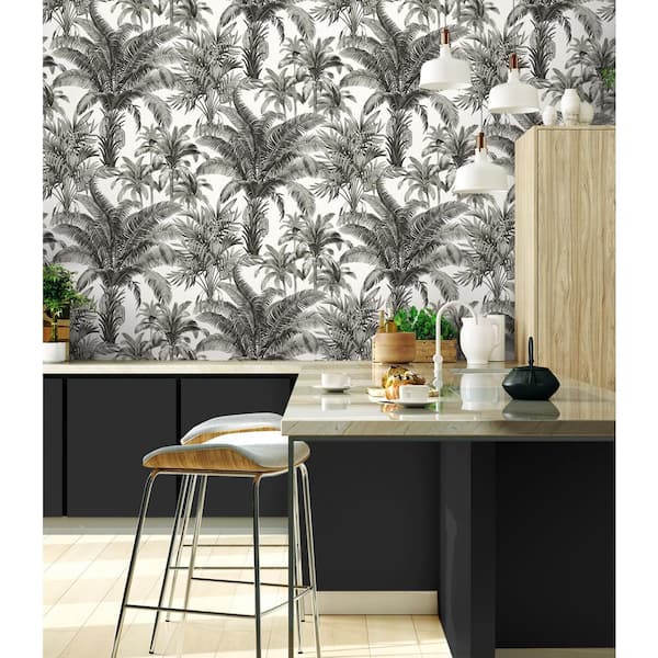 Palm Grove Black and White Vinyl Peel and Stick Wallpaper Roll (Cover 30.75 sq. ft.)