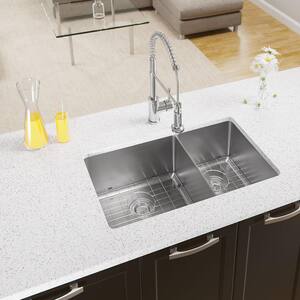 Undermount Stainless Steel 31-1/8 in. Double Bowl Kitchen Sink with Additional Accessories