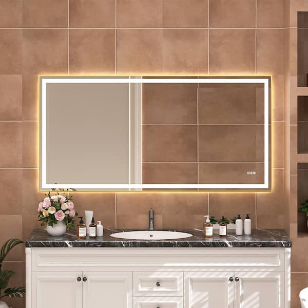 72 in. W. x 36 in. H Rectangular Framed LED Anti-Fog Wall Bathroom Vanity Mirror, Backlit, and Front Light