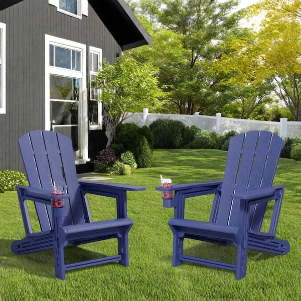 2-Piece Outdoor Plastic Adirondack Chair with Cup Holder in Navy Blue