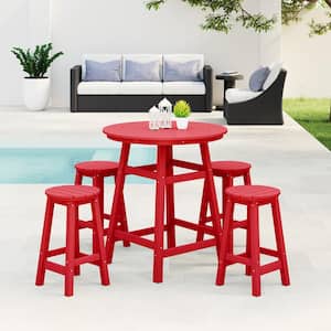 Laguna 5-Piece Counter Height HDPE Plastic Outdoor Patio Round High Top Bistro Dining Set in Red