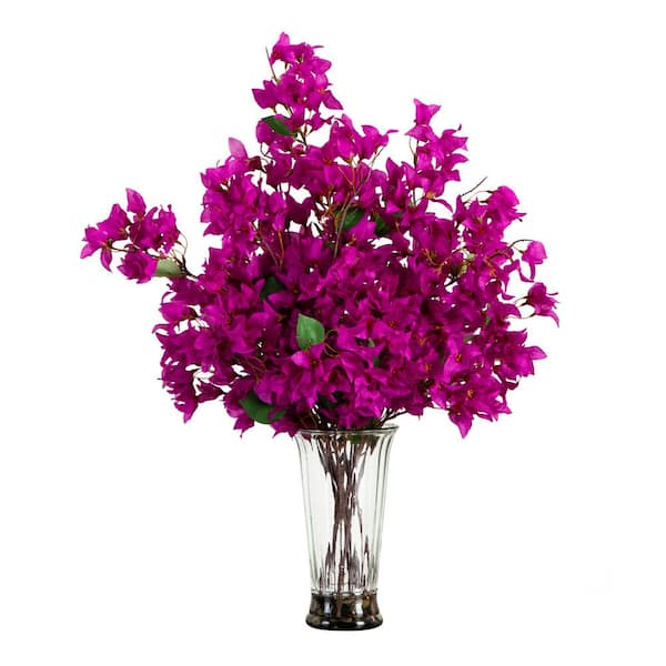 Nearly Natural 30 in. Artificial Bougainvillea Arrangement in Glass Vase