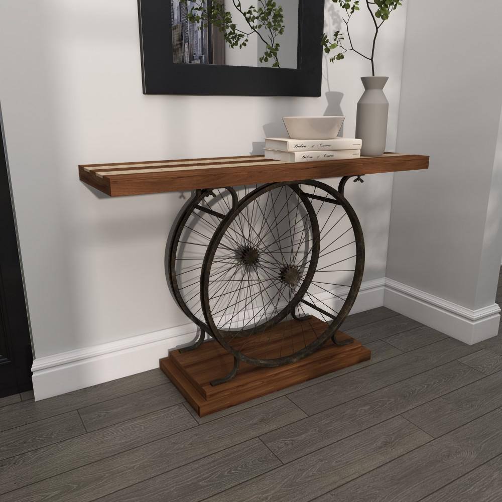 Industrial Brown Wood and Metal Wheel Console Table with Storage