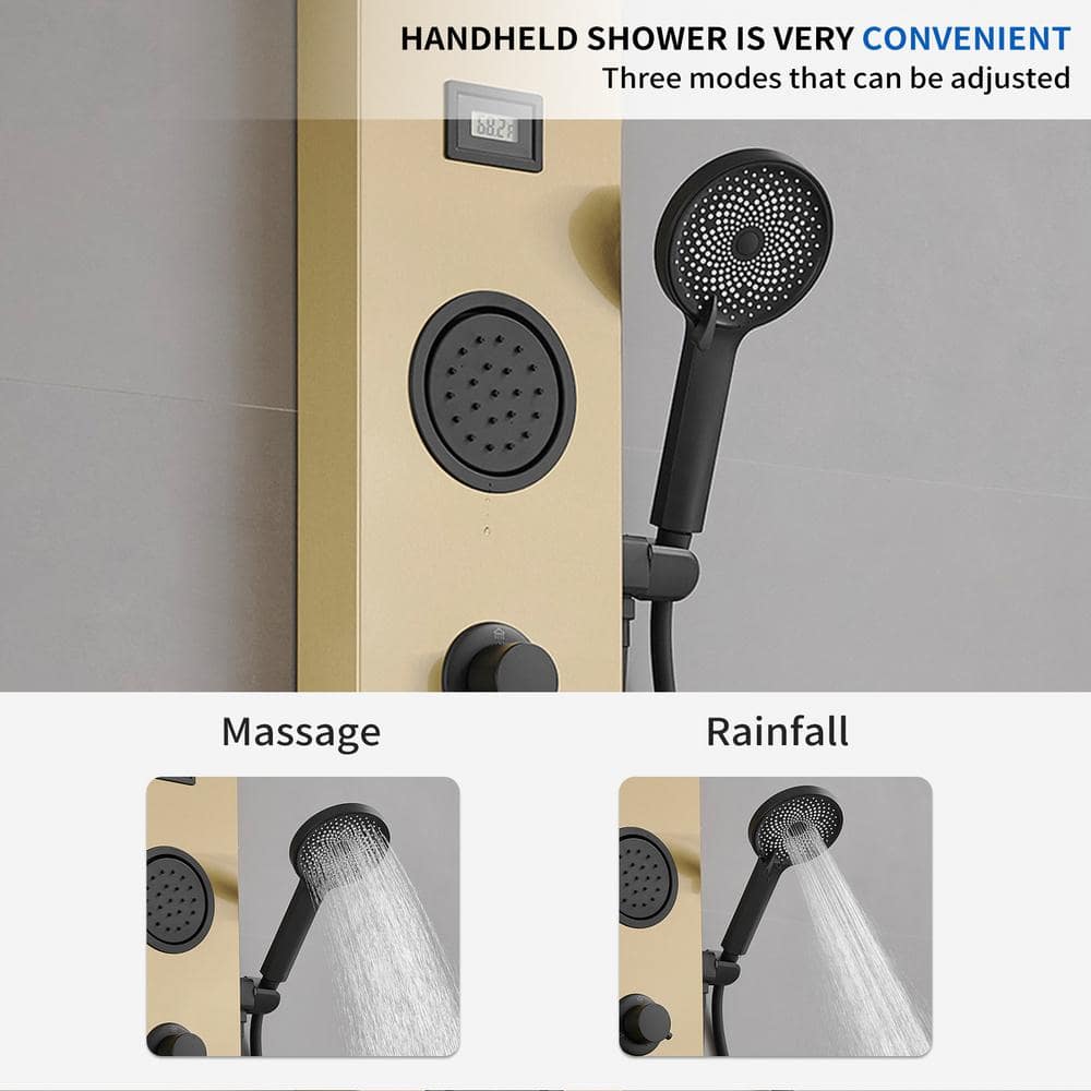 Gold and Black Stainless Steel Shower Panel System with Rainfall Shower Head