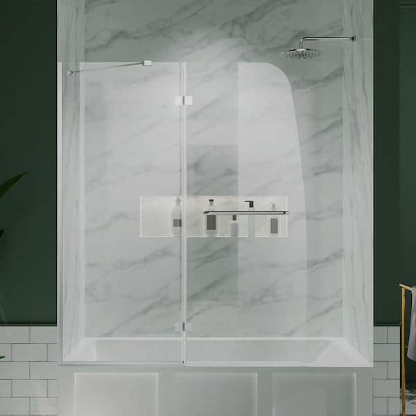 Xspracer Victoria 48 in. W x 58 in. H Pivot Semi Frameless Tub Door in Silver Finish with Clear Glass