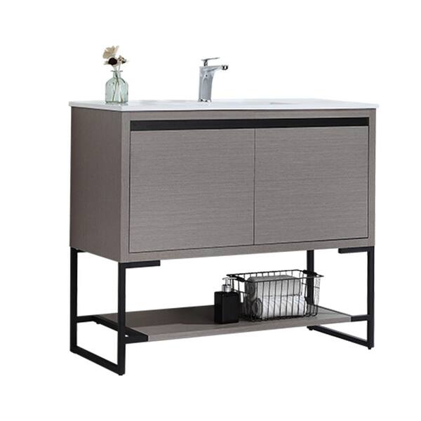 JimsMaison Tellara 36 in. W x 18 in. D x 35 in. H  Bath Vanity in Light Grey with White Ceramic Vanity Top with White Basin