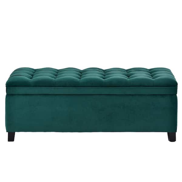 FORCLOVER Green Upholstered Flip Top Storage Bench with Button Tufted Top Ottoman
