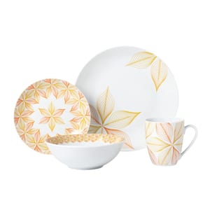 16-Piece Golden Geometric Leaves Orange/White Porcelain Dinnerware Set (Service for 4)