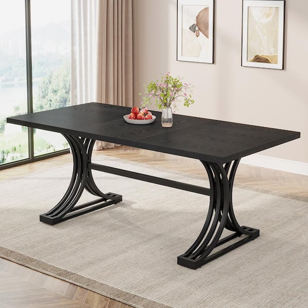BYBLIGHT Roesler Black Wood 63 in. Sled Rectangular Dining Table with Faux Marble Table Top for 4-8