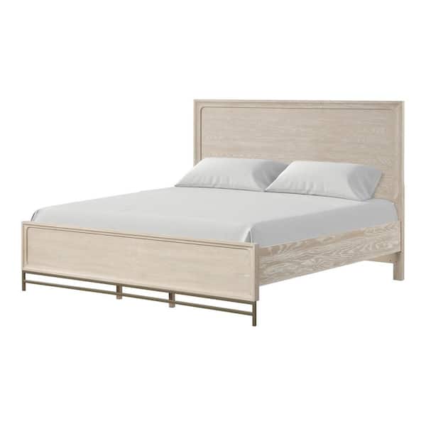 Lena Light Oak Beige Wood Frame Queen Platform Bed with Panel Footboard and Metal Legs