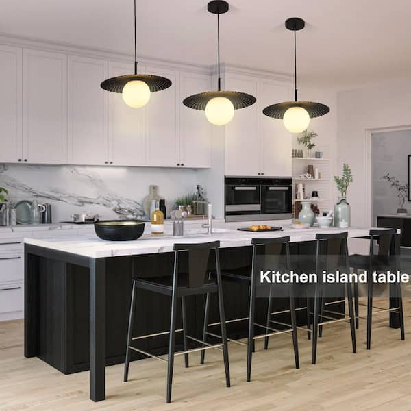 1-Light Black Diffuser Pendant Light with Metal Pleated black Shade and White Glass Shade