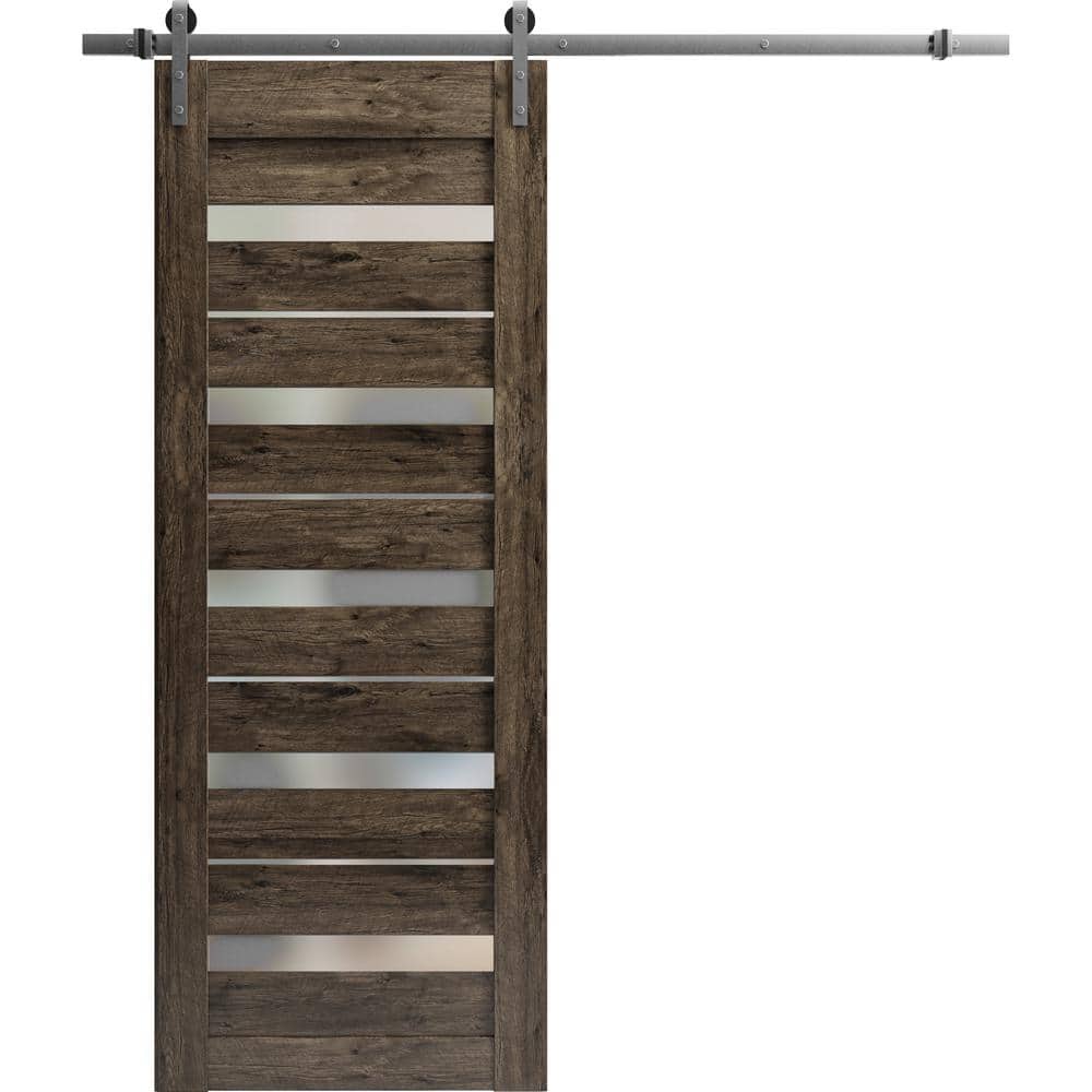 Assembly Required 30 in. x 84 in. 1-Panel Frosted Glass Cognac Oak Wood Sliding Barn Door with Hardware Kit price history on PriceWatchPro