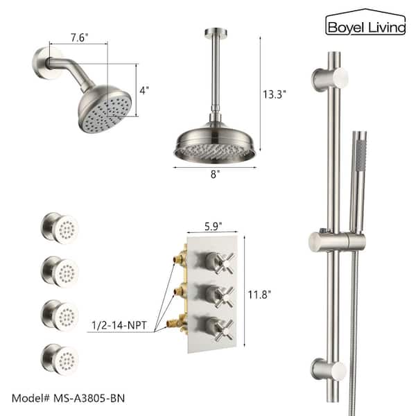 1-Spray Patterns with 1.8 GPM 8 in. Wall Mount Dual Shower Heads, Hand Shower and 4 Body Sprays in Brushed Nickel 1-Spray Patterns with 1.8 GPM 8 in. Wall Mount Dual Shower Heads, Hand Shower and 4 Body Sprays in Brushed Nickel