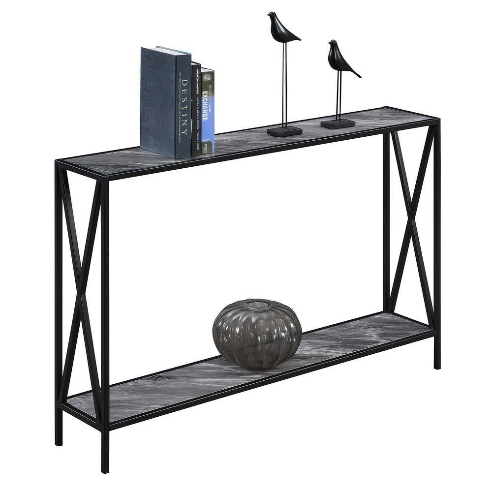 Gray Marble and Black Wood Console Table with Storage