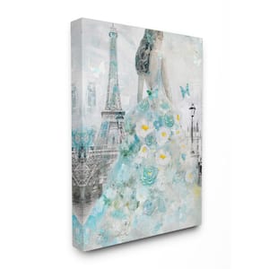 16 in. x 20 in."Parisian Woman with Butterfly and Blue Floral Dress" by Artist Main Line Art & Design Canvas Wall Art