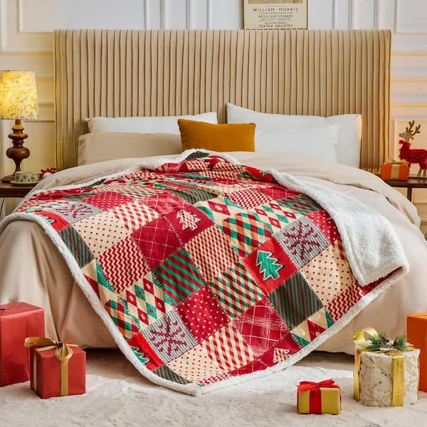 Angel Sar Red Christmas Sherpa Flannel Reversible Throw Blanket