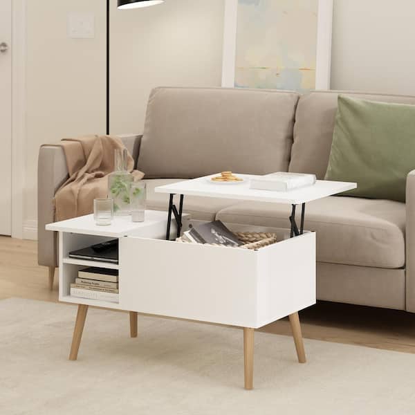 Furinno Jensen 35.43 in. Solid White Rectangle Wood Coffee Table With Lift Top